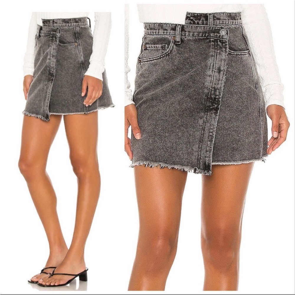 Free People Parker Wrap Asymmetrical Black Wash Denim Mini Skirt Waist 25. NWT